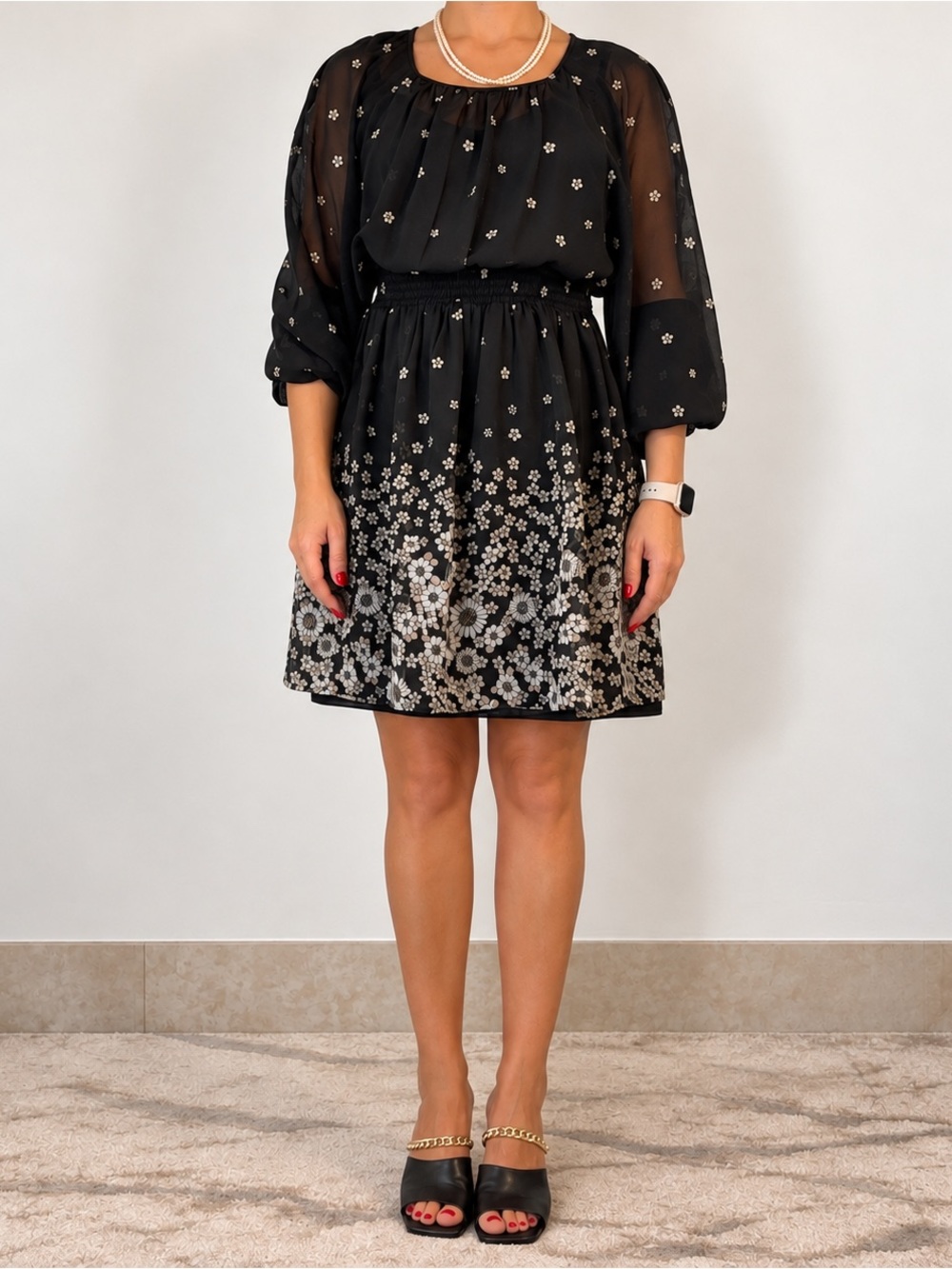 Tommy Hilfiger Black Floral-Embroidered Sheer Sleeve Dress